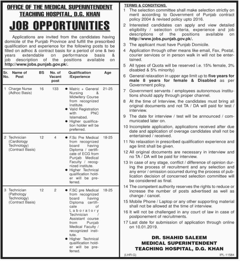 DG Khan Teaching Hospital Jobs 2019 for 139+ Charge Nurses and Technicians