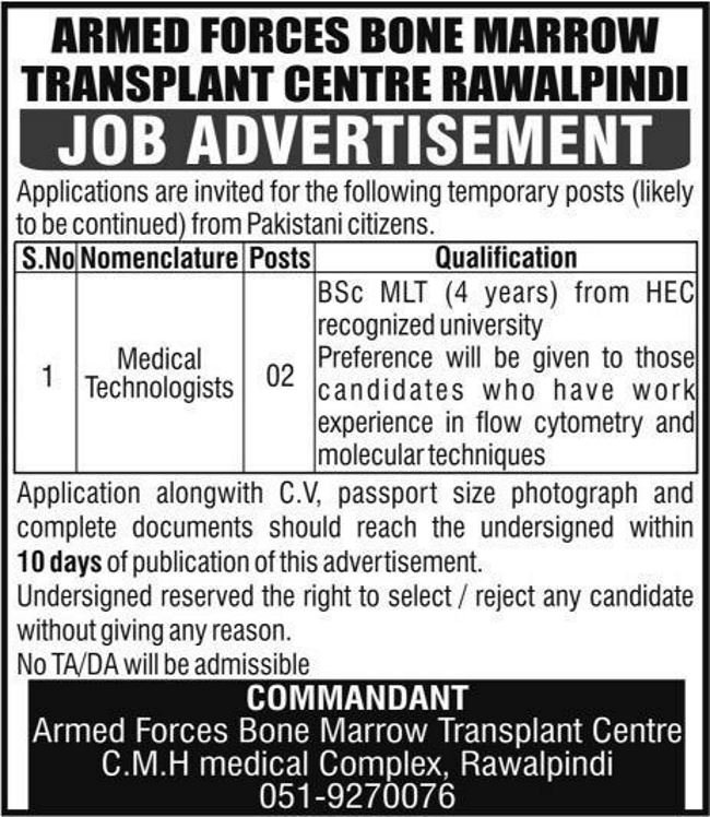 Armed Forces BMT Center Rawalpindi Jobs 2019 for 2+ Medical Technologists
