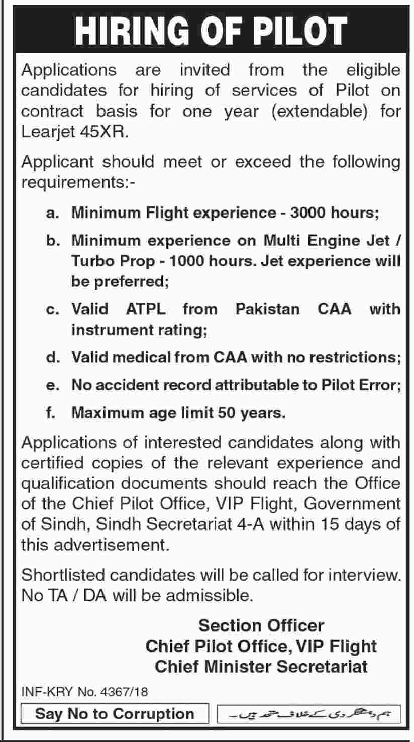 Sindh Govt Jobs 2019 for CM Secretariat Pilot