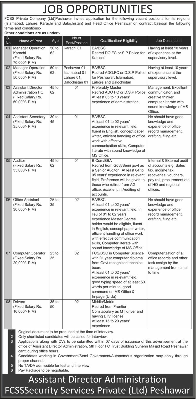 FCSS Company Jobs 2019 for 14+ Admin, Audit, Computer Operators, Managers & Other Staff Posts (Multiple Cities)
