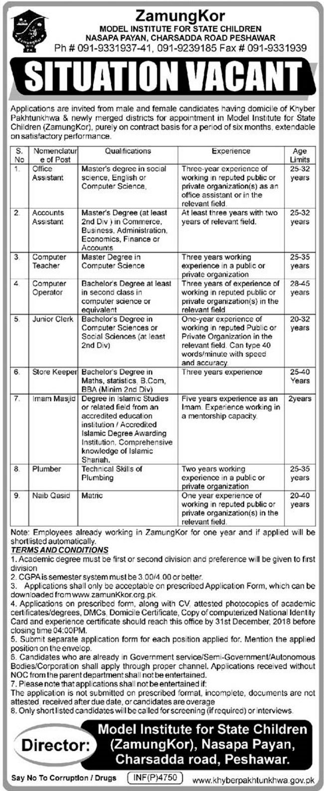 ZamungKor KP Jobs 2019 for 9+ Accounts, Admin, IT, Office & Support Staff