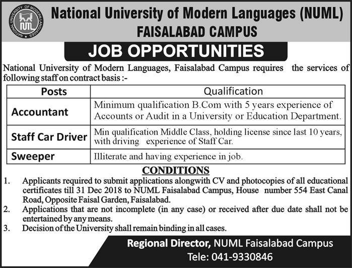 NUML (Faisalabad) Jobs 2019 for Accountant, Driver & Support Staff