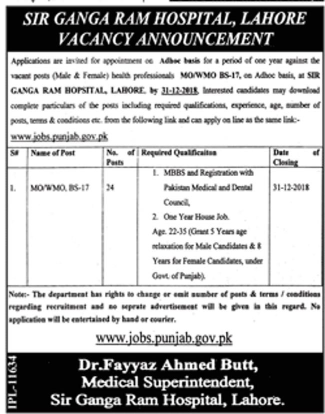 Sir Ganga Ram Hospital Lahore Jobs 2019 for 24+ Medical Officers (Male/Female)
