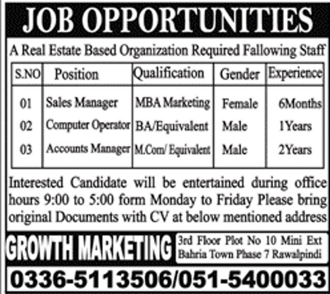 Rawalpindi Real Estate Organization Jobs 2019 for Accounts, Computer Operator and Sales Manager