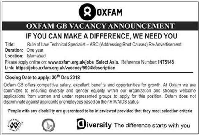 OXFAM GB NGO Jobs 2019 for Technical Specialists (Islamabad)