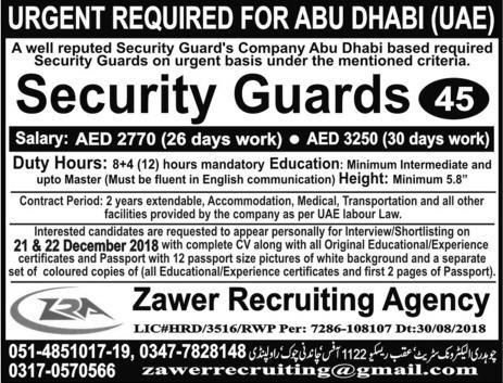 Zawer Recruiting Agency Jobs 2019 for 45+ Security Guards for Abu Dhabi / UAe