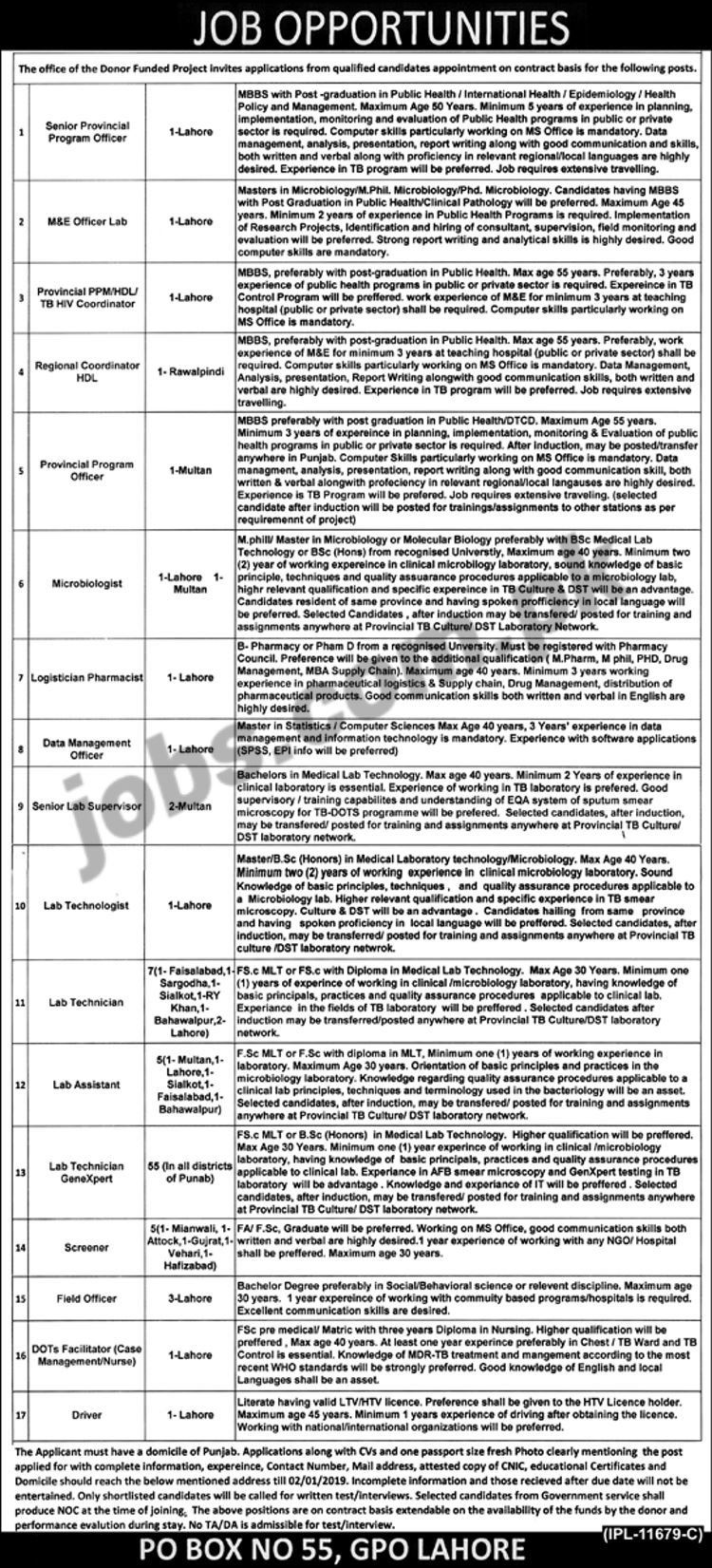 PO Box 55 Public Sector Organization Jobs 2019 for 89+ IT, M&E, Program Officers, Field, Lab and Other Staff Posts (Multiple Cities)