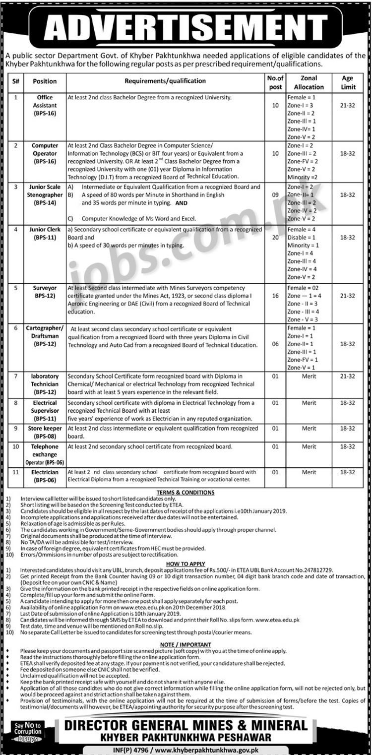 KP Mines & Mineral Department Jobs 2019 for 76+ IT, Admin, Clerks/Stenographers, Surveyors & Other Posts