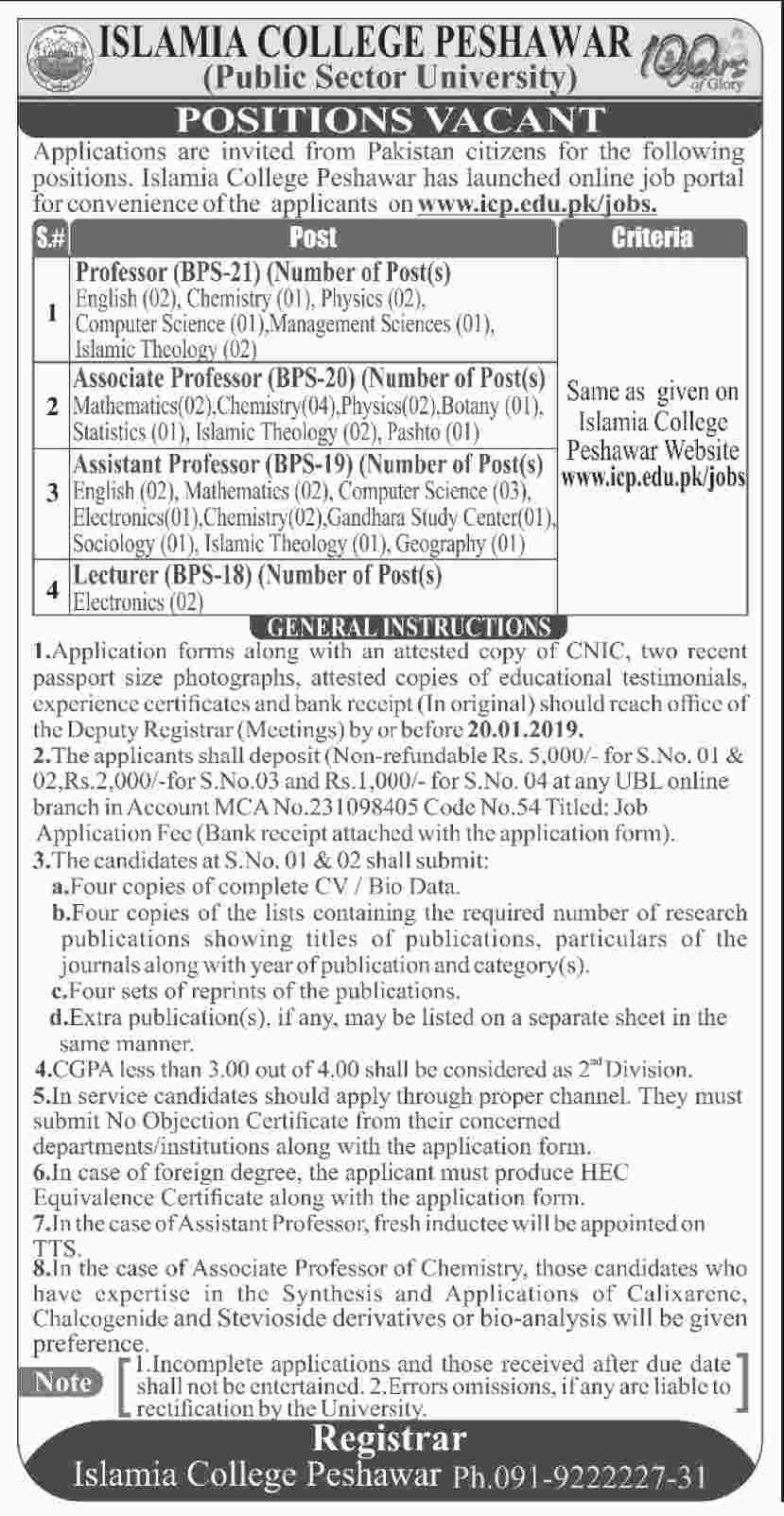 Islamia College Peshawar Jobs 2019 for 38+ Teaching Faculty Posts