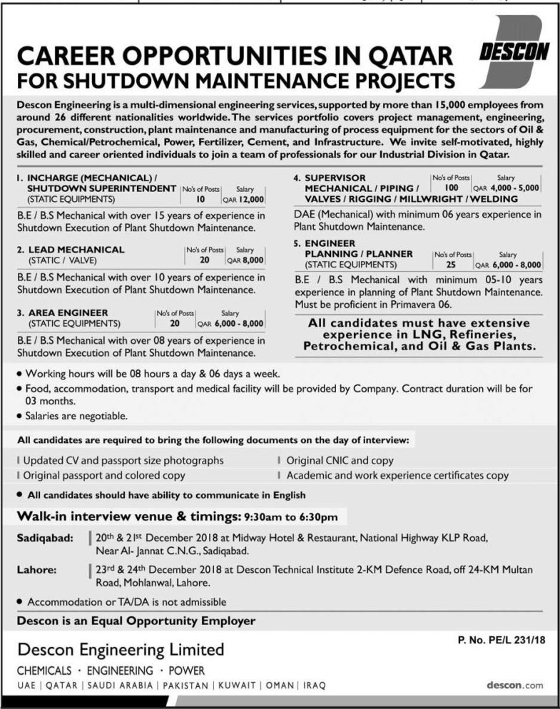 DESCON Engineering Pakistan Jobs 2019 for 175+ Engineering and DAE Posts for Qatar Projects (Walk-in Interviews)