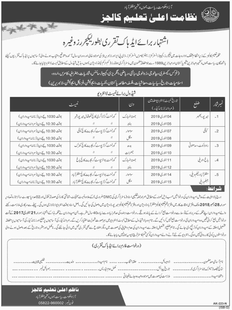 AJK Higher Education Department Jobs 2019 for Librarians, DPEs, Instructors and Lecturers Posts