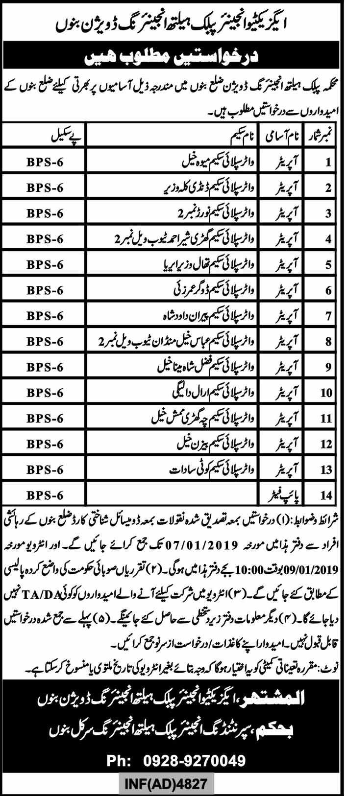 Public Health Engineering Department KP Jobs 2019 for Various Operators / Pipe Fitters Posts in Bannu