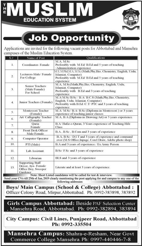 Muslim Education System Abbottabad Jobs 2019 for Teaching & Non-Teaching Staff (Multiple Categories)