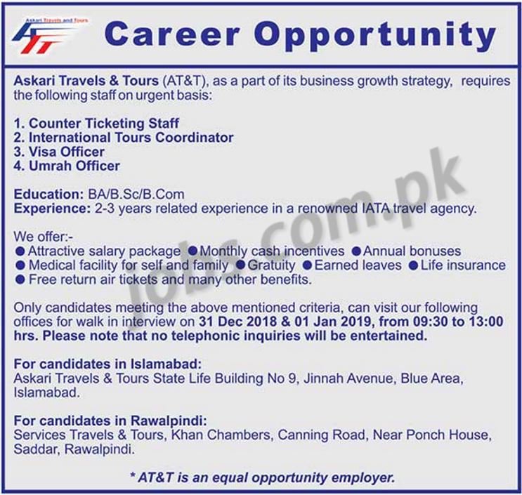 Askari Travels & Tours Jobs 2019 for Counter Ticketing Staff, Tours Coordinator, Visa Officer and Umrah Officer 25 December, 2018