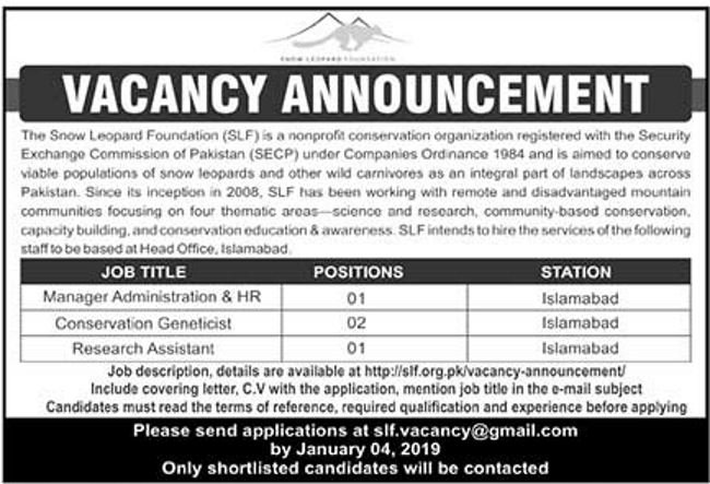 The Snow Leopard Foundation (SLF) Jobs 2019 for Admin/HR, Conservation Geneticist, Research Assistant Post 25 December, 2018