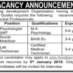 Quetta, Development, Organization, Jobs ,2019 ,for, Social Mobilizer, Psychologist ,and, Lab Technician ,Posts,25 December, 2018