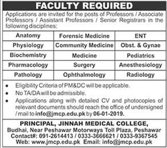 Jinnah ,Medical ,College, Peshawar ,Jobs, 2019, for, Teaching ,Faculty, 25 December, 2018
