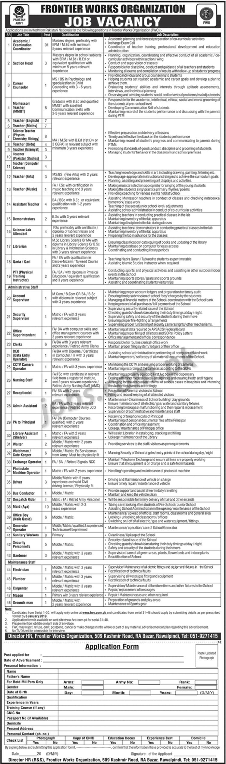 Frontier Works Organization (FWO) Jobs 2019 for 138+ Teachers, Admin, Accounts, DEO, Clerks & Other Posts 24 December, 2018