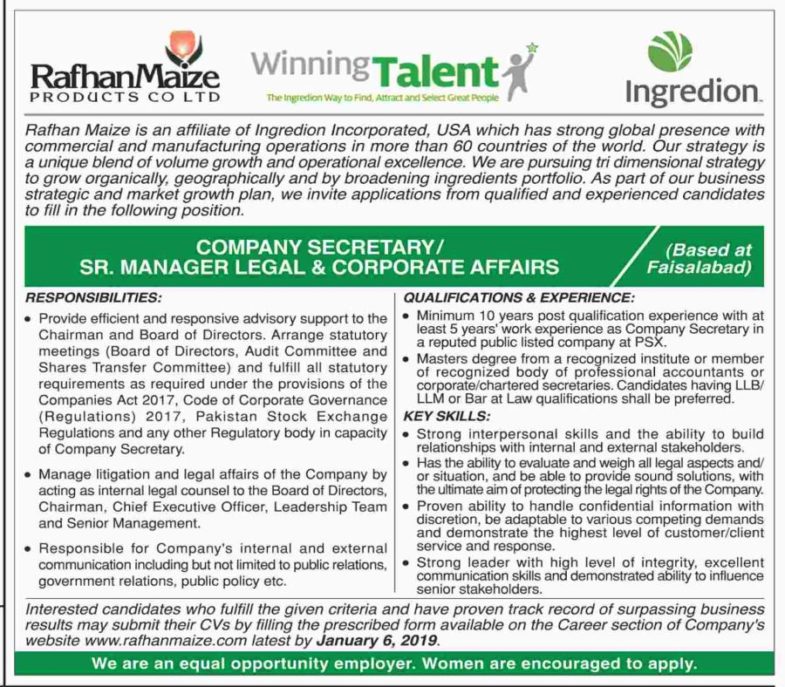 Rafhan, Maize, Products, Co Ltd ,Jobs, 2019 ,for ,Company, Secretary ,Mr Legal ,& Corporate ,Affairs, 23 December, 2018