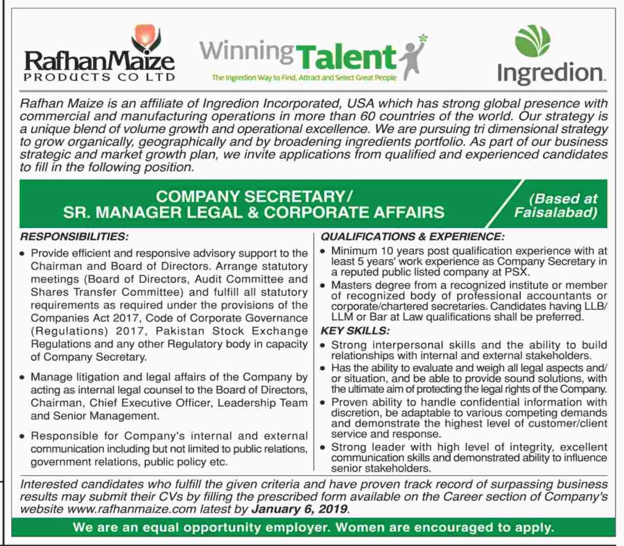 Rafhan, Maize, Products, Co Ltd ,Jobs, 2019 ,for ,Company, Secretary ,Mr Legal ,& Corporate ,Affairs, 23 December, 2018