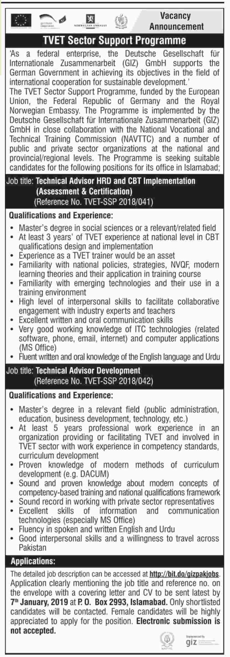 TVET, Sector, Support, Programme, Jobs ,2019,for ,Technical, Advisors, 23 December, 2018
