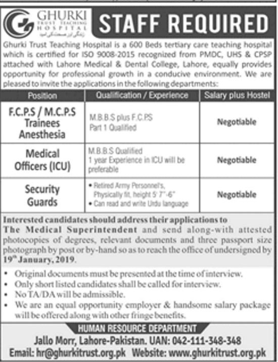 Ghurki ,Trust, Teaching, Hospital, Lahore ,Jobs, 2019 ,for, Medical Officers, Trainees, & Security ,Guards, 23 December, 2018