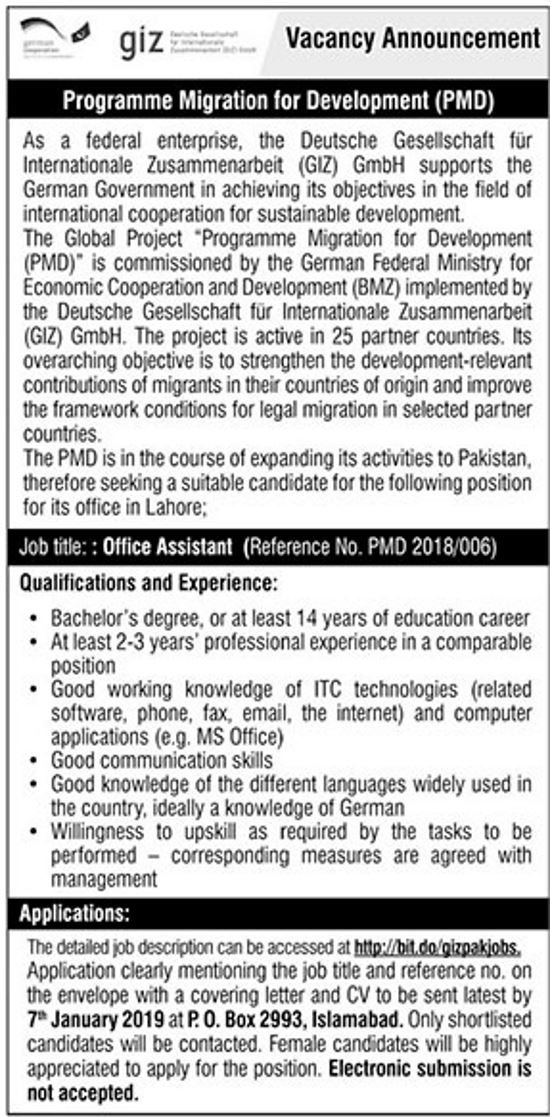 GIZ, Pakistan, Jobs, 2019 ,for, Office ,Assistant , Graduate, 23 December, 2018