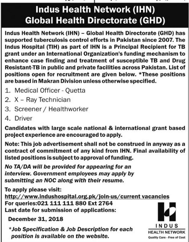 Indus, Health ,Network ,(IHN), Jobs ,2019 ,for, Medical, & Driver ,Posts, 23 December, 2018