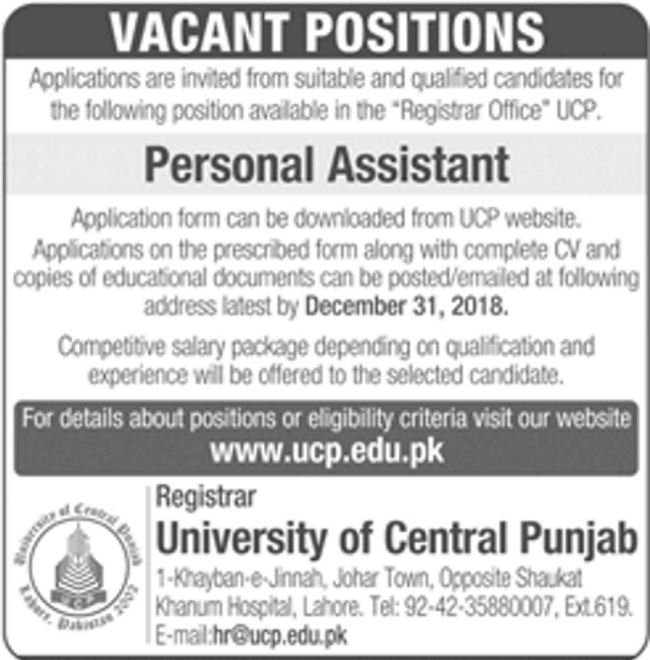 University ,of, Central, Punjab ,Jobs, 2019, for, Personal, Assistant, 23 December, 2018
