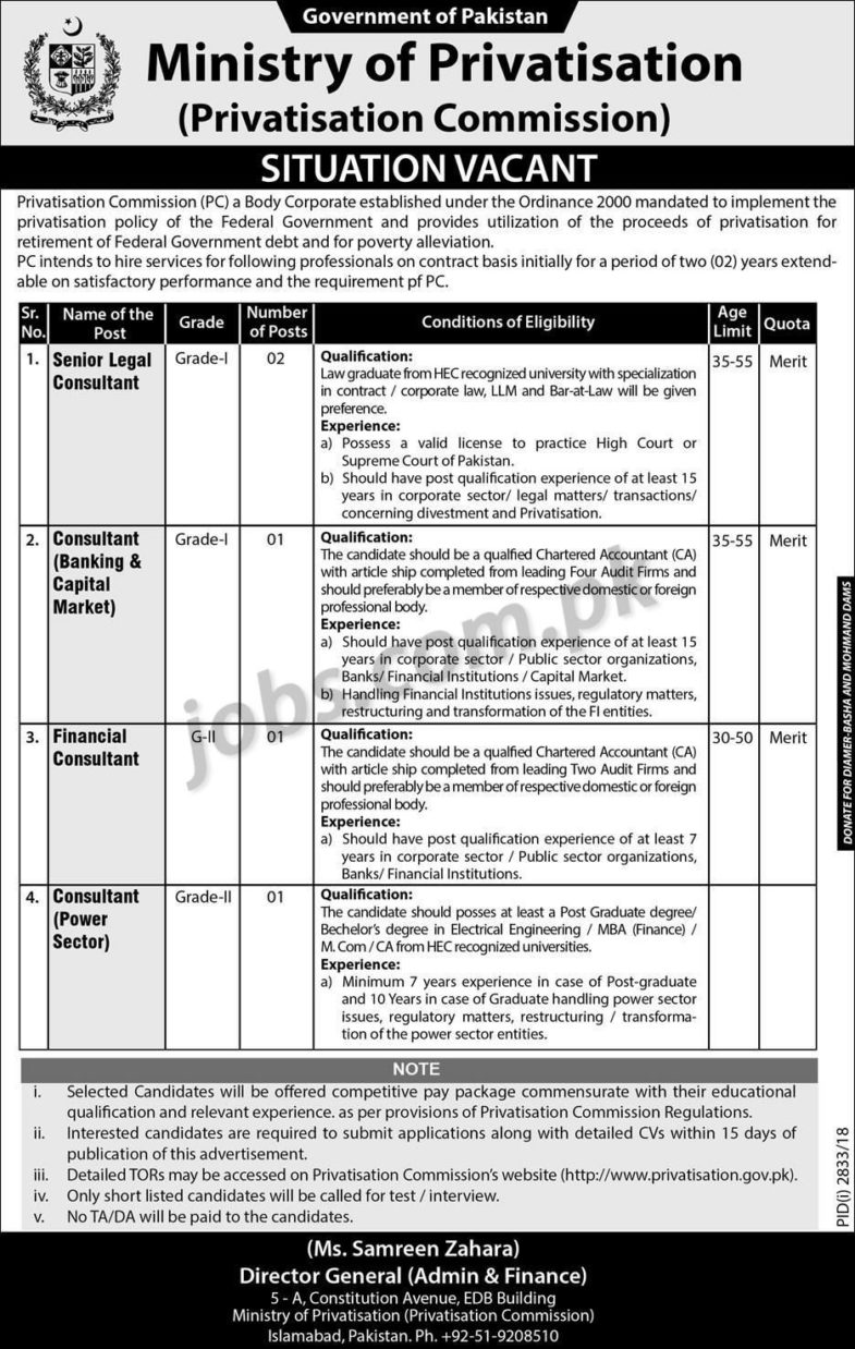Ministry ,of, Privatization, Pakistan ,Jobs ,2019 ,for ,5+ Finance, Banking, Legal,& ,Engineering, Specialists,25 December, 2018