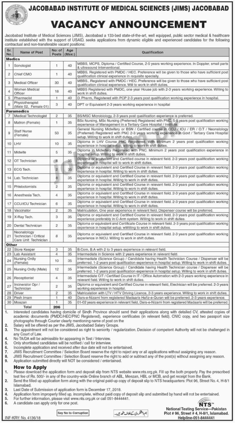 Jacobabad ,Institute, of ,Medical, Sciences ,(JIMS) ,Jobs ,2019, for, 206+, Posts, (Multiple, Categories, 3, December, 2018