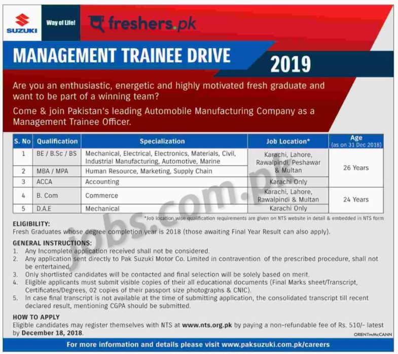Suzuki, Pakistan ,Management ,Trainee ,Drive, 2019, (Multiple, Categories) ,(Multiple ,Cities), 3 ,December, 2018