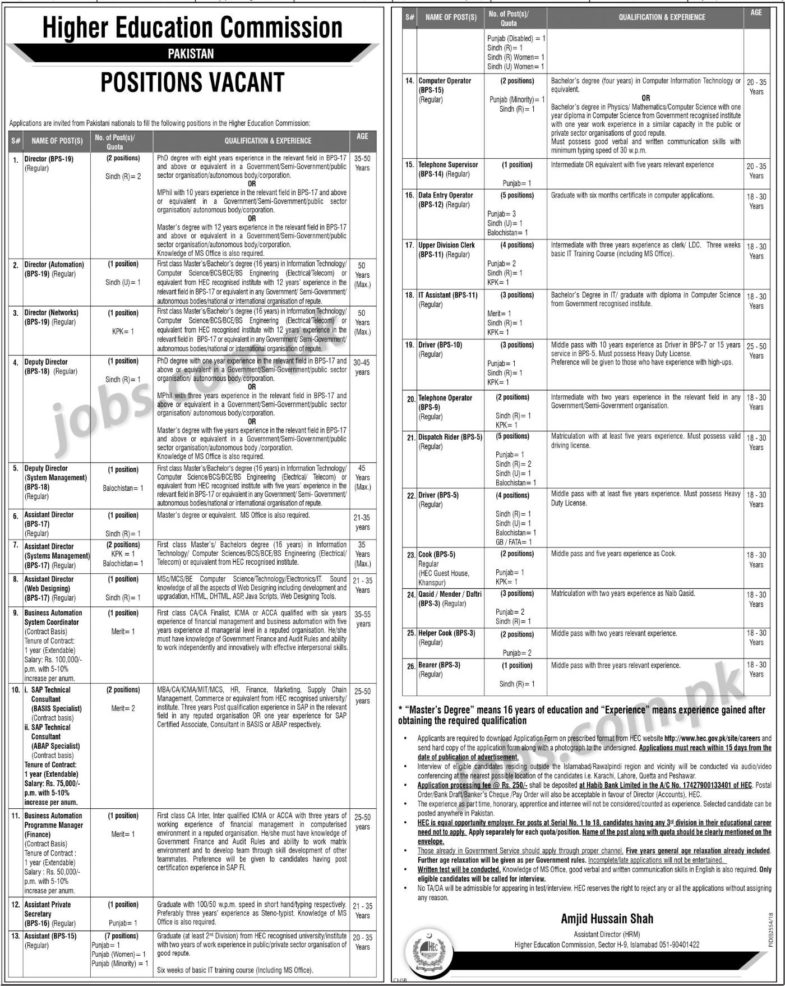 HEC Jobs 2019 for 60+ IT, Clerks, Assistants, Admin, Telecom, Management & Other Staff