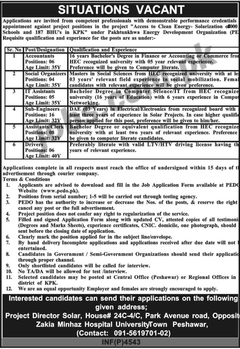 PEDO, KP, Jobs, 2019 ,for, 45+ ,IT ,Assistants, Sub-Engineers, Accountants, Social Organizers, Clerks, &, Drivers, 3, December, 2018