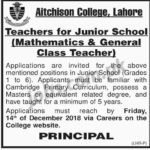 Aitchison College Lahore Jobs 2019 for Junior School Teachers 7 December, 2018