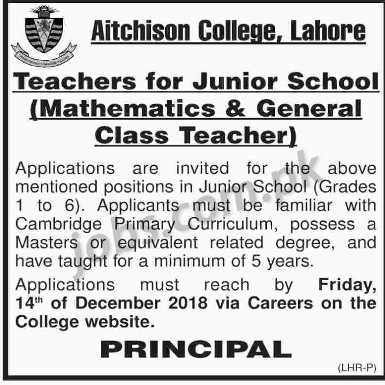 Aitchison College Lahore Jobs 2019 for Junior School Teachers 7 December, 2018