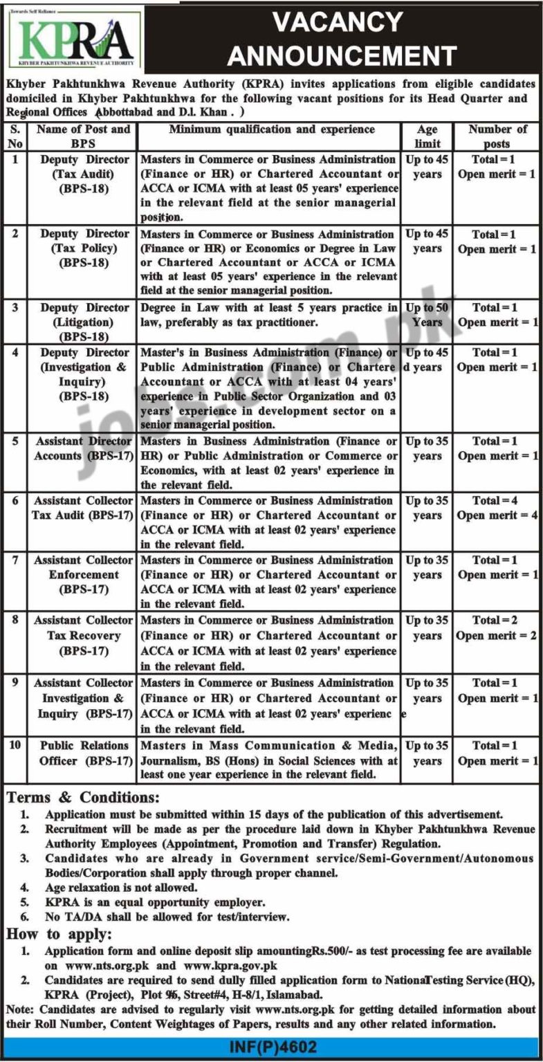 KP, Revenue ,Authority, (KPRA), Jobs ,2019 ,for, 14+, PROs, Assistant Collectors, Audit, &, Management ,Posts, 3 December, 2018