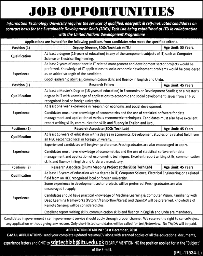 Information Technology University (ITU) Jobs 2019 for Research & Management Posts
