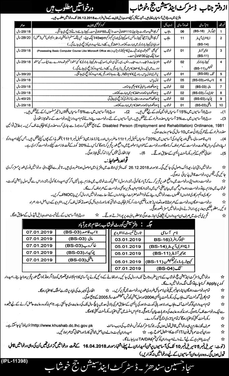 Khushab District & Session Judge Jobs 2019 for 33+ Stenographers, Data Entry Operators, Jr Auditor, IT & Support Staff