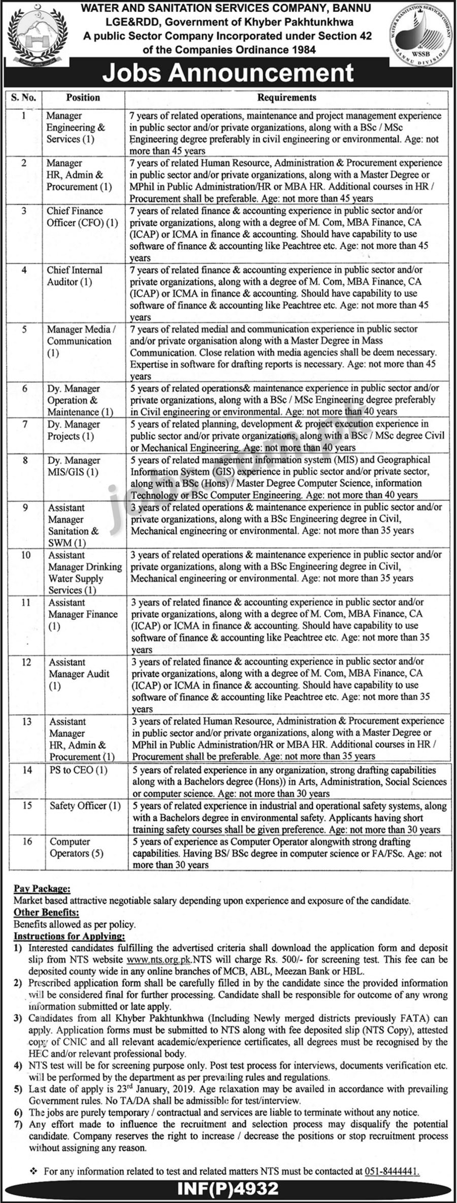 Water & Sanitation Services Company (WSSC) Bannu Jobs 2019 for 20+ Computer Operators, HR, Admin, Finance, Engineering & Other Posts (Download NTS Form)