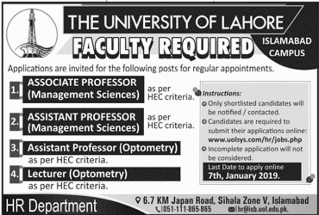 University of Lahore (Islamabad Campus) Jobs 2019 for Teaching Faculty