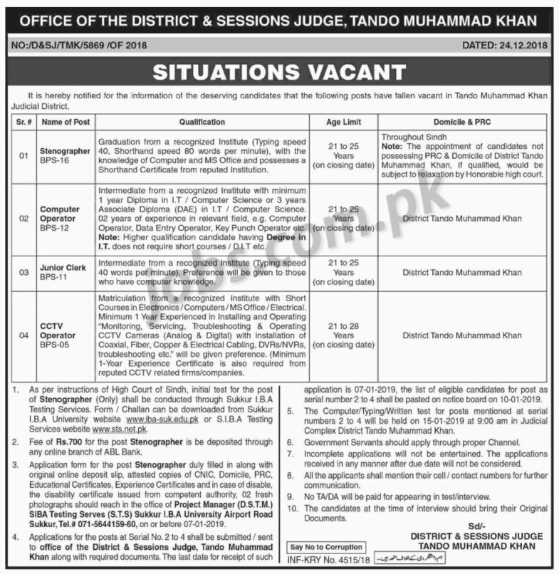 District & Session Judge Tando Muhammad Khan Jobs 2019 for Stenographer, Computer Operator, Jr Clerk and CCTV Operator