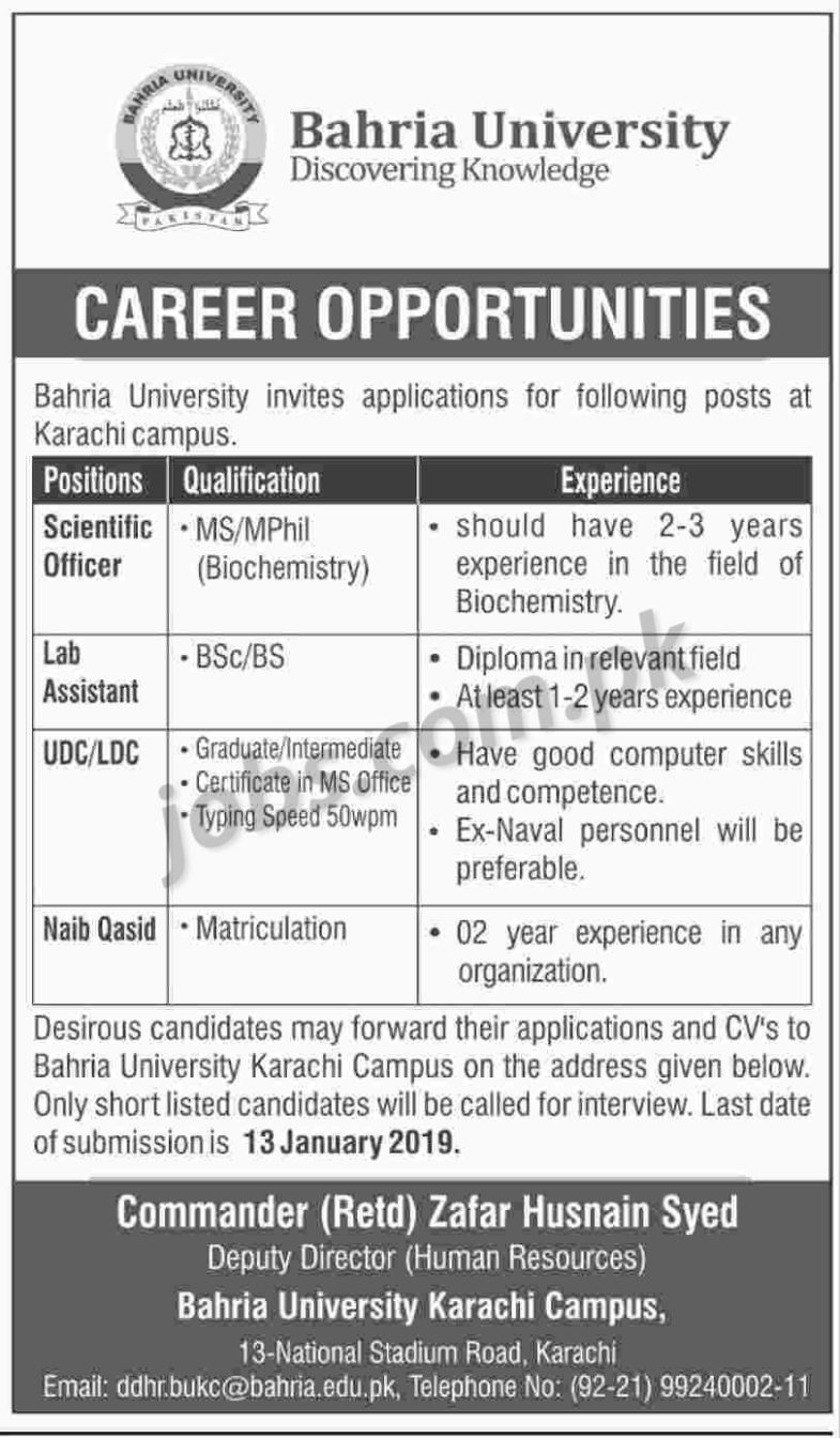 Bahria University (Karachi) Jobs 2019 for Scientific Officers, Lab Assistant, LDC/UDC Clerks and Naib Qasid