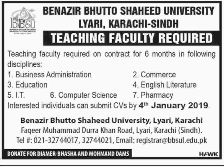 Benazir Bhutto Shaheed University Karachi Jobs 2019 for Teaching Faculty