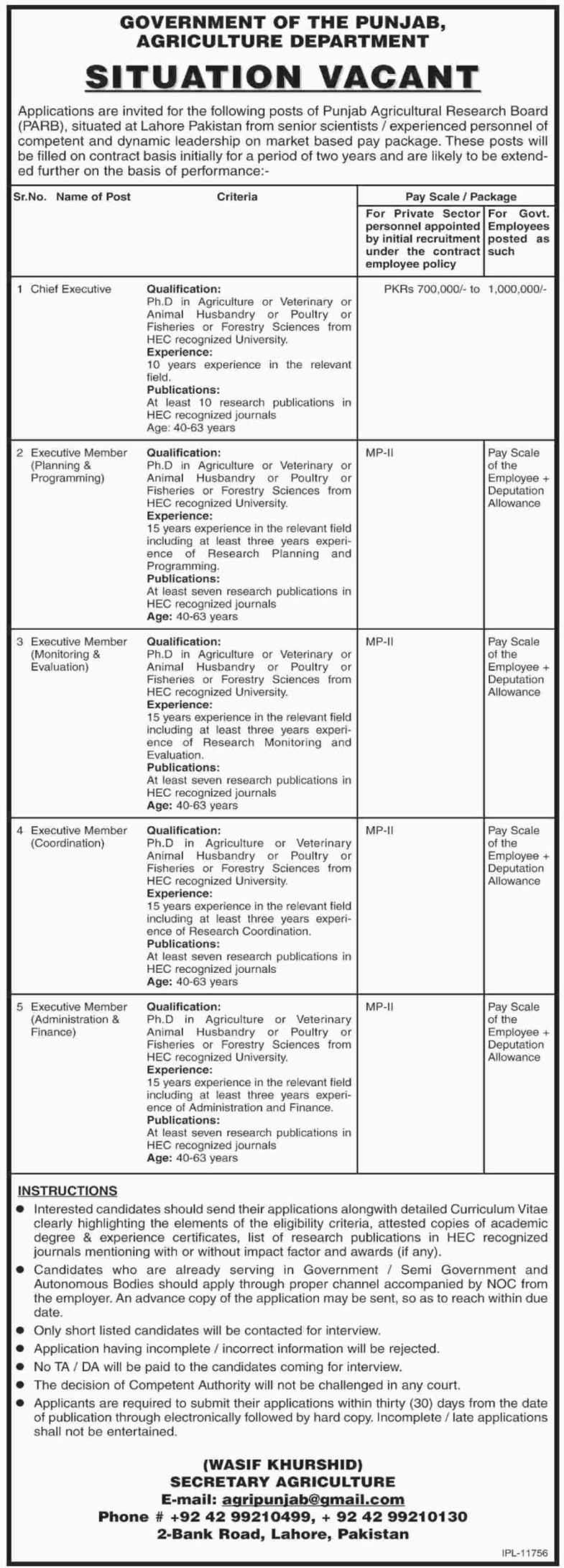 Punjab Agriculture Department Jobs 2019 for Various Management Posts