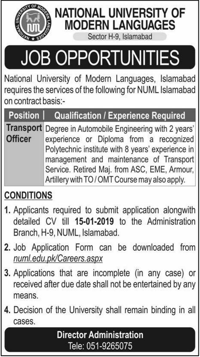 NUML (Islamabad) Jobs 2019 for Engineer / Transport Officer