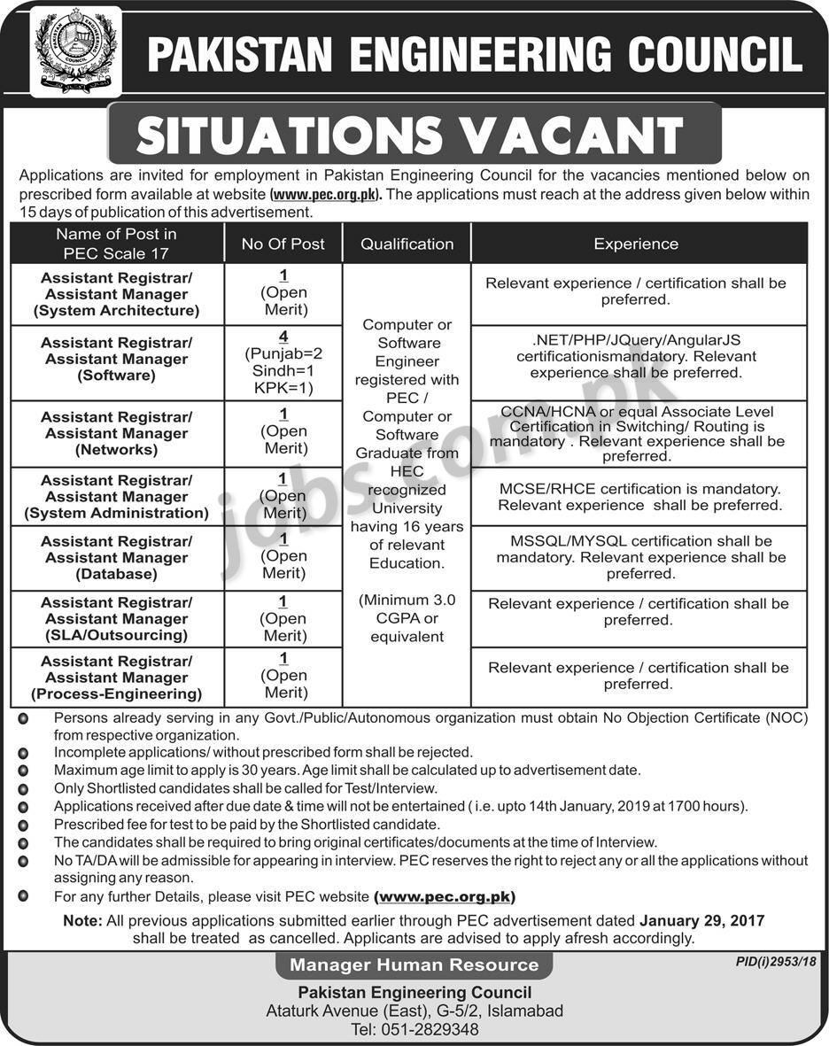 Pakistan Engineering Council (PEC) Jobs 2019 for 10+ IT Staff, Assistant Registrars / Asst Managers