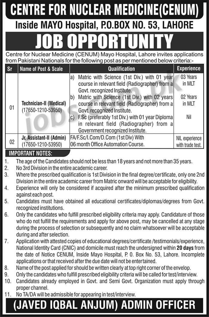 Centre of Nuclear Medicine (CENUM) Jobs 2019 for Jr Assistant/Admin & Technician-II/Medical