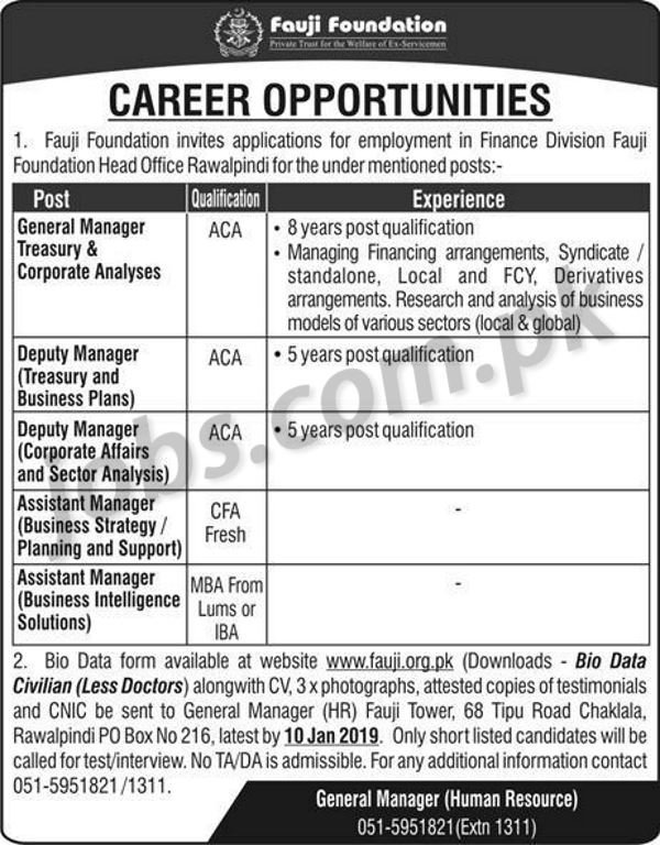 Fauji Foundation Jobs 2019 for ACA, CFA / Accounts / MBA, Assistant & Deputy Managers