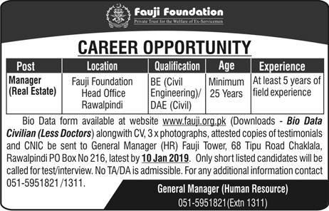 Fauji Foundation Jobs 2019 for DAE/Engineering/Manager and IT/Deputy Manager